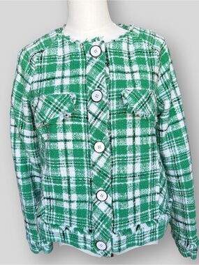 Cabi Sophia Library Jacket 5653 Green White Plaid Tweed Fringe Crop Blazer L